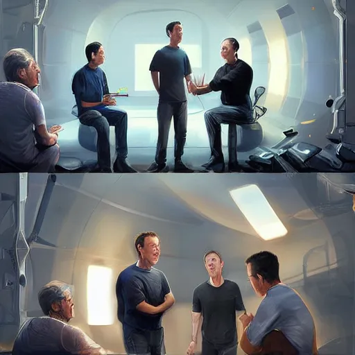 Image similar to elon musk, mark zuckerberg, jeff bezos, in meeting together, very detailed, art contest winner on behance, trendy on deviant art, by artgem, stanley lau, craig mullins