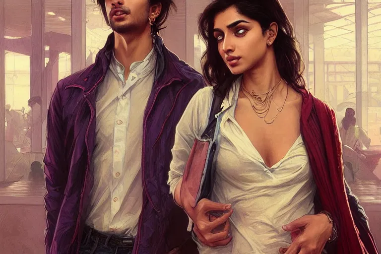 Image similar to Sensual good looking pale young Indian doctors wearing jeans in an airport, portrait, elegant, intricate, digital painting, artstation, concept art, smooth, sharp focus, illustration, art by artgerm and greg rutkowski and alphonse mucha