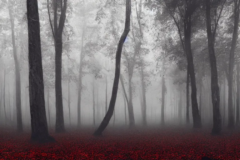 Image similar to deep dark moody forest, red fog on the ground, bleak. big stones, dark mood. mysterious. doom. realistic painting. photobashing, matte painting, highly detailed, autumn, cinematic, hyperralistic, artstation, art brut, outsider art, symbolist, dramatic lighting, god rays, clean crisp graphics, smooth sharp focus, extremely detailed