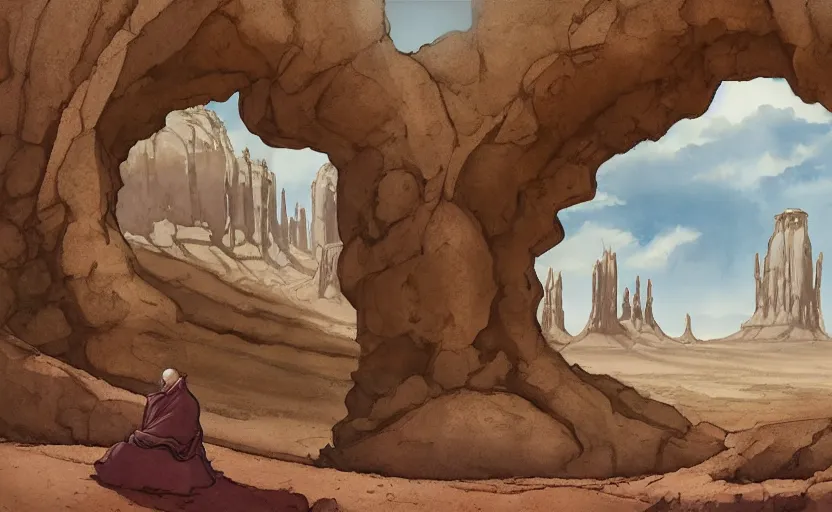 Image similar to a hyperrealist watercolor concept art of a medieval monk in grey robes in monument valley looking through a rock arch through a portal to a catle in an alien world. very muted colors, by rebecca guay, michael kaluta, charles vess. high detail, hq, wide shot, 4 k