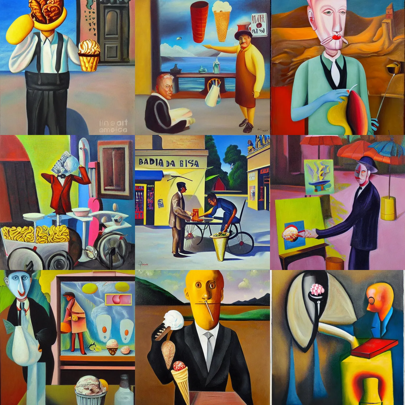 Prompt: man selling ice cream, surrealist painting, dada painting