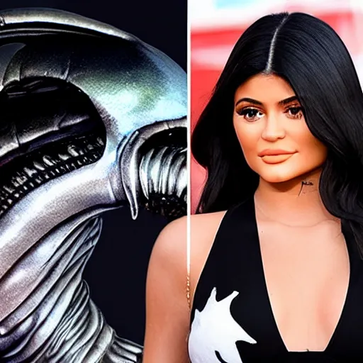 Image similar to kylie jenner held menacingly by an xenomorph, highly detailed, photorealistic, hyper realistic, slime, saliva, smooth