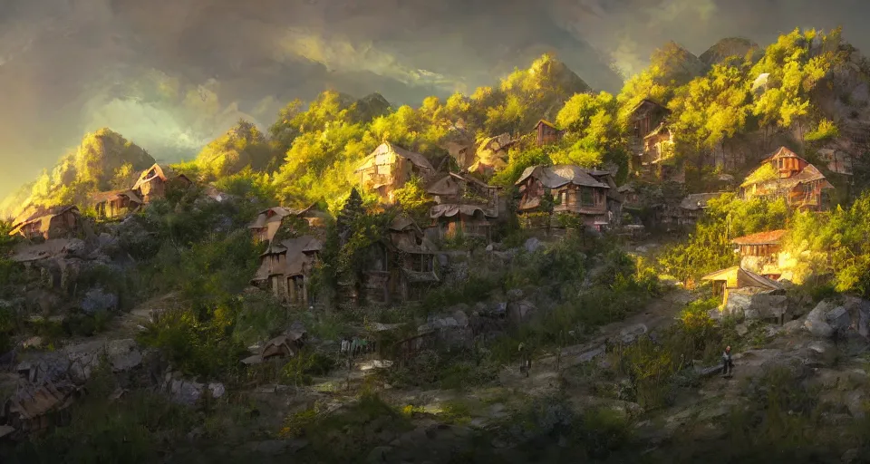 Image similar to natural beauty village on a mountain slope, realistic concept art, eytan zana, one pixel brush, by eugene von guerard, ivan shishkin, lavander and yellow color scheme, dramatic lighting, concept art, trending on artstation