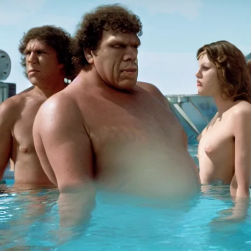 Image similar to andre the giant from the movie my pool party, movie still, 8 k, realistic