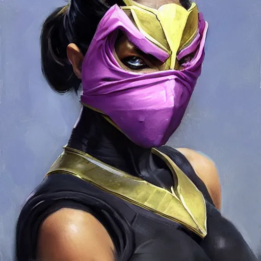 Image similar to greg manchess portrait painting of mileena from mortal kombat wearing a mask covering her mouth as overwatch character, medium shot, asymmetrical, profile picture, organic painting, sunny day, matte painting, bold shapes, hard edges, street art, trending on artstation, by huang guangjian and gil elvgren and sachin teng