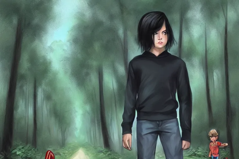 Image similar to a young boy with black hair and green eyes and a highway were standing in a forest by artgerm.