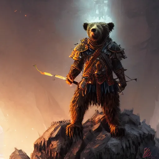 Image similar to Bear, Anthropomorphized, as scarred warlord general on throne, magic the gathering artwork, D&D, fantasy, cinematic lighting, centered, symmetrical, highly detailed, digital painting, artstation, concept art, smooth, sharp focus, illustration, volumetric lighting, epic Composition, 8k, art by Akihiko Yoshida and Greg Rutkowski and Craig Mullins, heroic pose, oil painting, cgsociety, Battlefield background, explosions, arrows