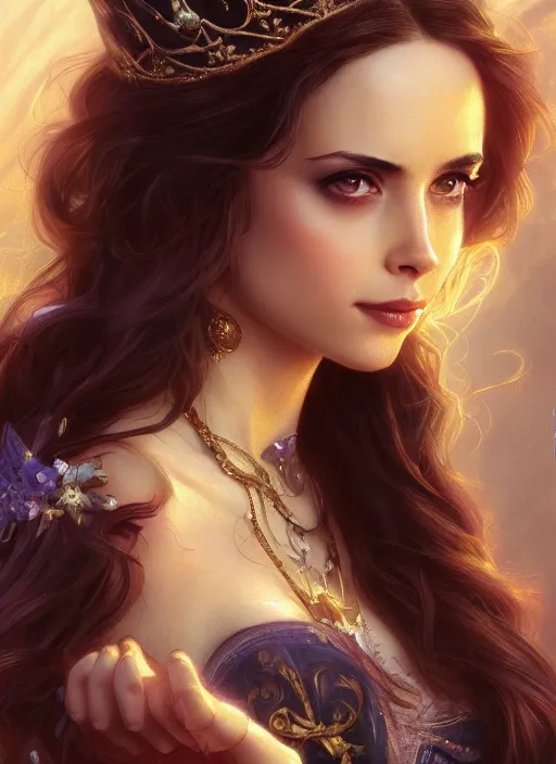 Image similar to beautiful young eliza dushku as princess disney, closeup, d & d, fantasy, intricate, elegant, highly detailed, digital painting, artstation, concept art, matte, sharp focus, illustration, art by artgerm and greg rutkowski and alphonse mucha