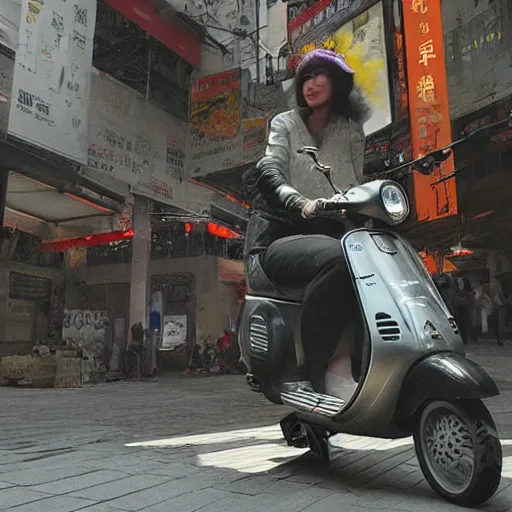 Prompt: the orange - haired vespa queen in hong kong, by stina persson and ruan jia