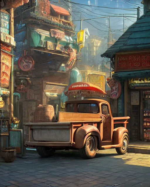 Image similar to talking truck buying cigarettes from a vending machine in a robust fantasy village, calming, uplifting mood, ultra realistic, factory, funny, small buildings, highly detailed, epic lighting, illuminated, cinematic, morning, art by eddie mendoza