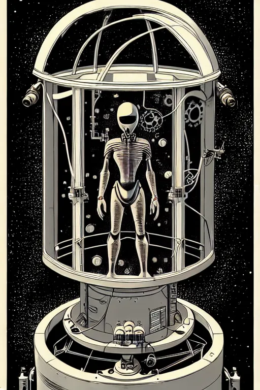 Image similar to steampunk cryo chamber containing friendly grey alien, high details, intricately detailed, by vincent di fate, inking, 3 color screen print, masterpiece, trending on artstation,, sharp, details, hyper - detailed, hd, 4 k, 8 k