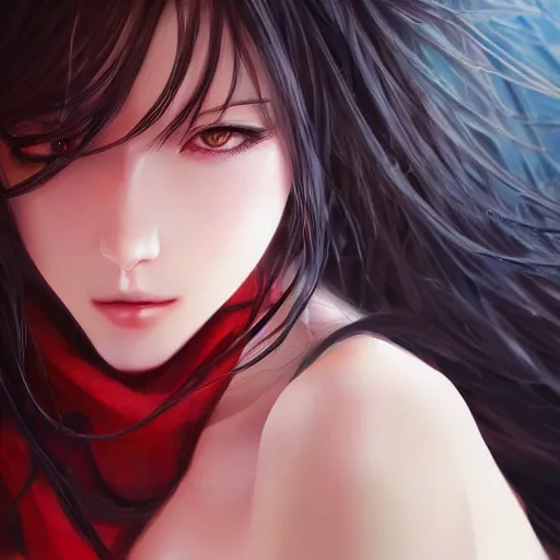 Prompt: Semi realistic anime illustration of black haired long hair woman, with beautiful hyperdetailed red eyes, front facing shot, full face portrait made by Stanley Artgerm, WLOP, Rossdraws, James Jean Andrei Riabovitchev, Marc Simonetti, Yoshitaka Amano, Artstation