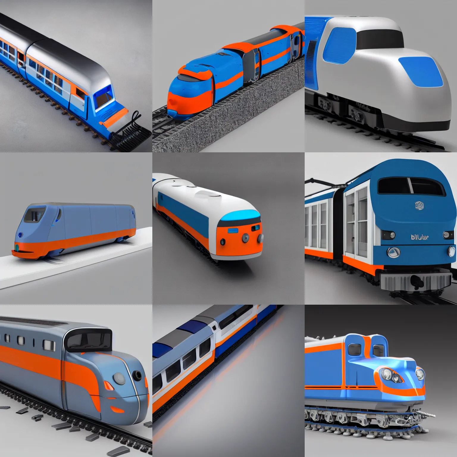 Prompt: cad render of blue and grey anodized aluminium classic toy train, parametric solid works, ( design by apple ), studio photo, macro shot, white and grey, orange details, octane render