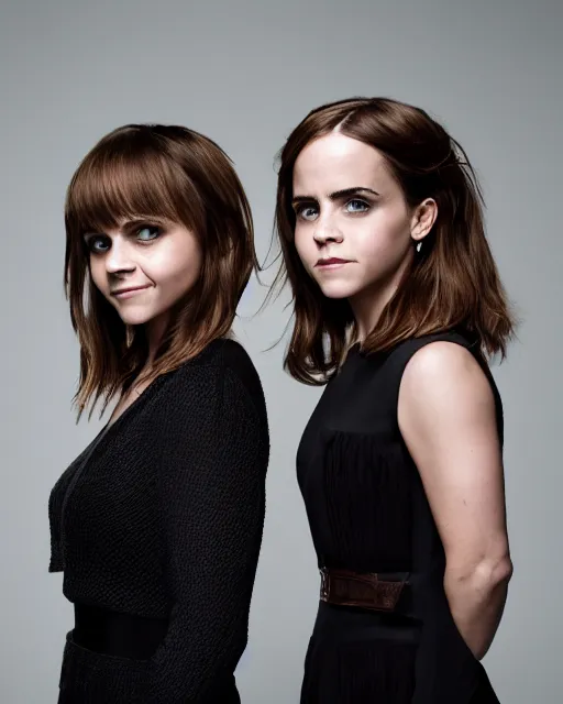 Prompt: Fully-clothed full-body portrait of Christina Ricci and Emma Watson, XF IQ4, 50mm, F1.4, studio lighting, professional, 8K