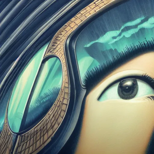 Prompt: detailed face of a woman, clockwork, moment, tectonic sky, skydome, bullet train, turbines, utopian, tech noir, wet reflections, prism, atmospheric, ambient, pj crook, syd mead, livia prima, emma uber, edward hopper