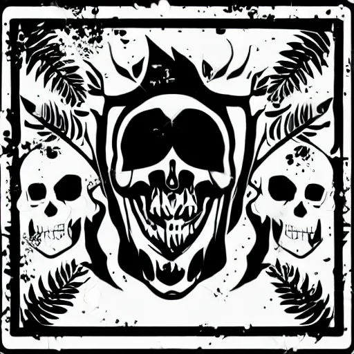 Image similar to dark death metal themed vector illustration for a record label, trees. forest, spikes, skull, microphone, skull, award winning, grunge, iconic, golden ratio