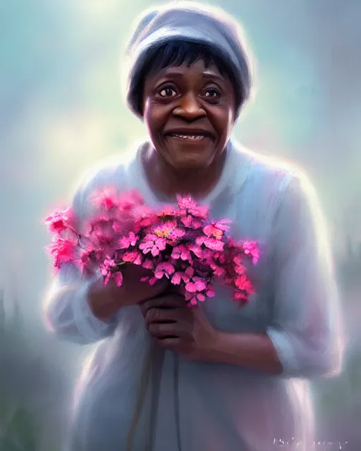 Prompt: moms mabley surrounded by mist and pretty flowers, very detailed, realistic face, detailed face, matte, tonemapping,, perfection, 4 k, cushart krenz, cinematic, atmospheric