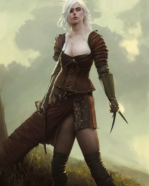 Image similar to Pre-Raphaelite Ciri from Witcher 3 by Artgerm and Greg Rutkowski, sharp focus, full body, intricate, elegant, highly detailed, digital painting, pale