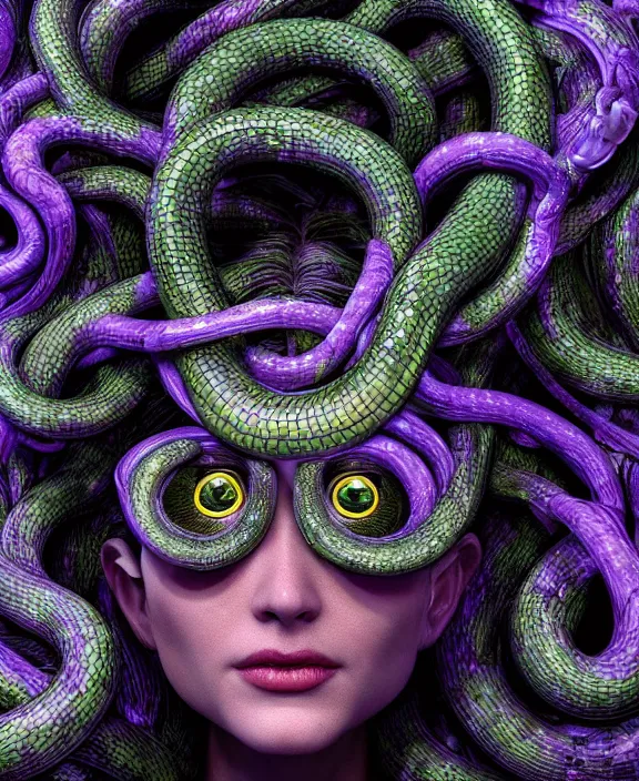 Image similar to beautiful medusa head highly detailed snakes, cosmic horror, abstract, ghostly, arcade, duotone, poltergeist, epic lighting, intricate, elegant, highly detailed, smooth, sharp focus, photo real, ultra realistic, unreal engine 5, raytracing, in the style of beeple and mike winkelmann, ultraviolet colors