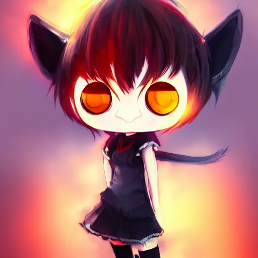 Image similar to tomboy anime girl with dark skin, black hair, wolf ears and glowing orange eyes, deviantart, artstation