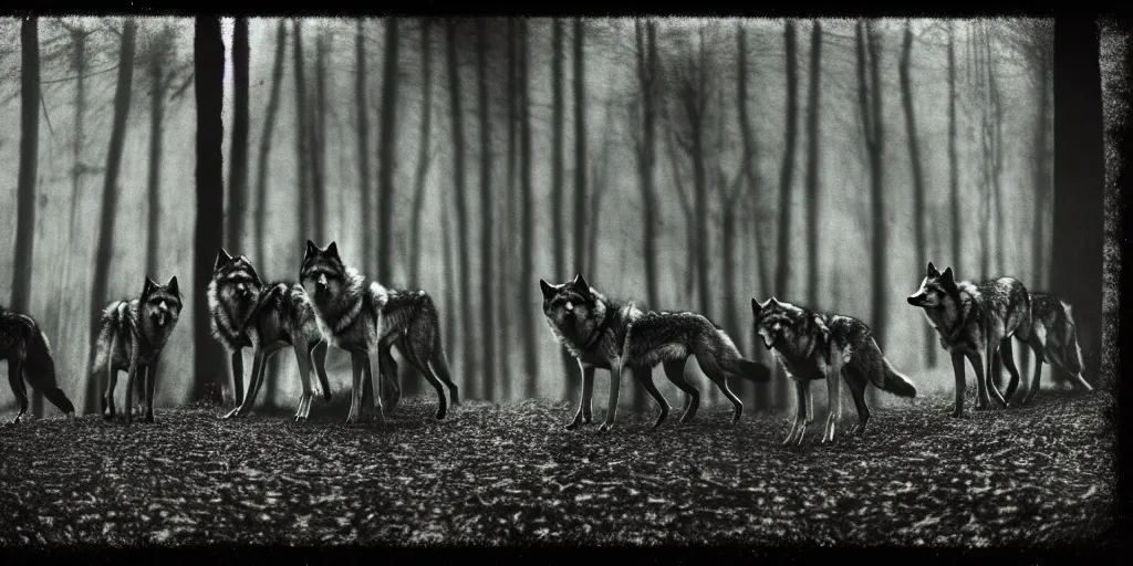 Prompt: pack of wolves in the wood, artwork by bill stoneham, mystic, melancholy, pinhole analogue photo quality, lomography, blur, unfocus, cinematic, foil effect, holographic effect, monochrome