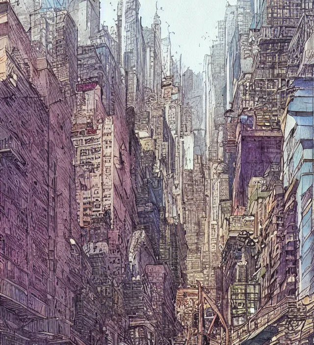 Image similar to a watercolor ink painting of a post - apocalyptic new - york in the style of jean giraud in the style of moebius trending on artstation deviantart pinterest detailed realistic hd 8 k high resolution