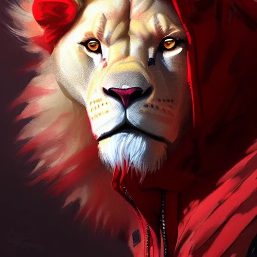 Image similar to commission portrait of a male anthro albino lion wearing a red-black puffer jacket.dramatic,character design by charles bowater,greg rutkowski,ross tran,hyperdetailed,hyperrealistic,4k,deviantart,artstation,professional photography,concept art