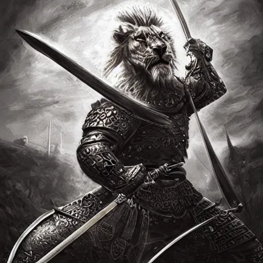 Image similar to medieval lion warrior fighting with a sword, book cover, digital art, detailed, realistic, artstation