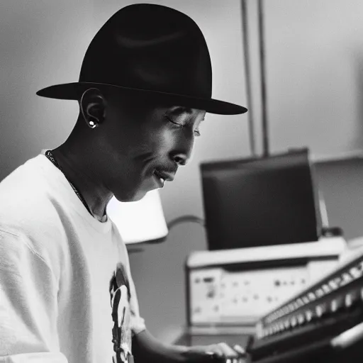 Image similar to cinematic film still of Pharrell Williams Making A Beat with an anthropomorphic alien, Japanese VFX, 2018, 400mm lens, f1.8, shallow depth of field,film photography