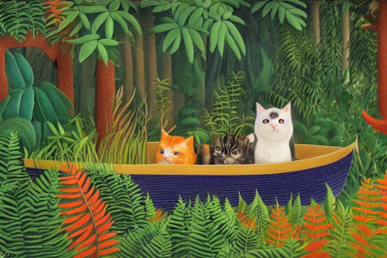 Prompt: cat in a boat, ferns, jungle, night, stars, highly detailed, 3 d, realistic, unreal engine render concept art, style of henri rousseau and richard scarry and hiroshi yoshida and etel adnan