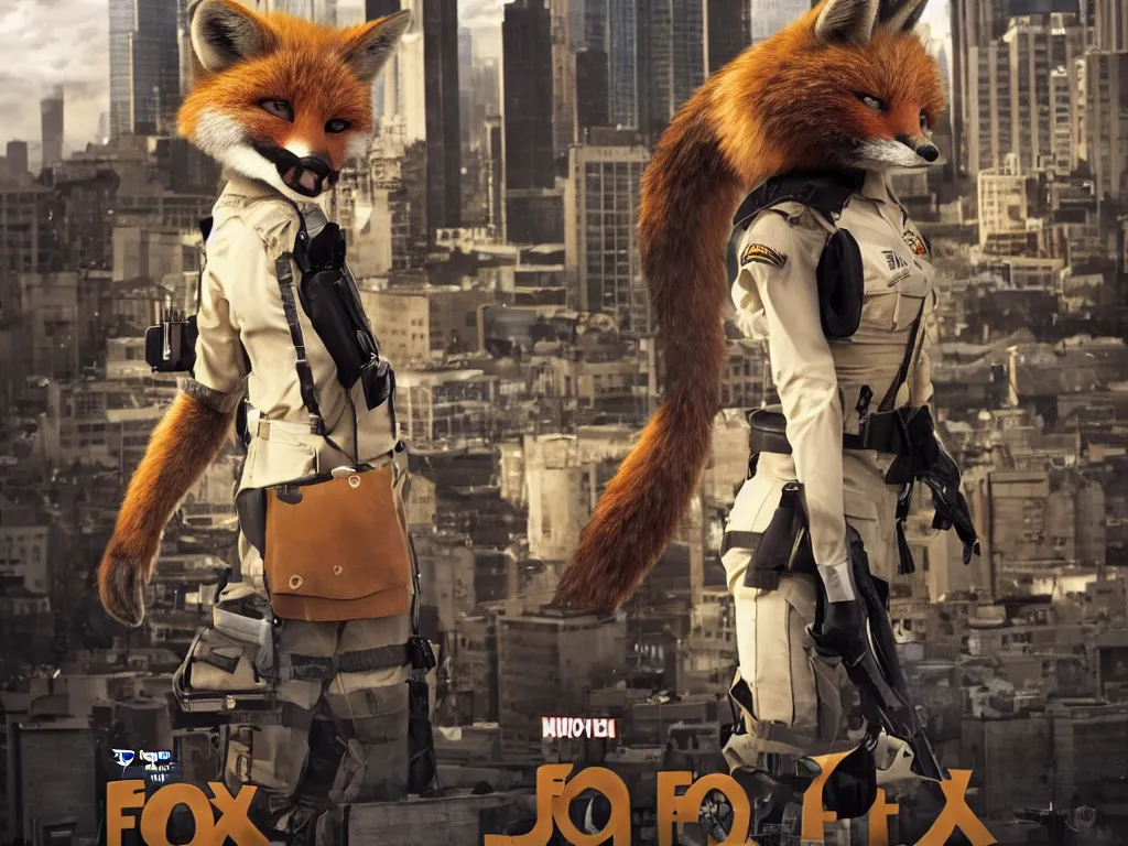 Prompt: movie poster anthro fox furry in the tv show 24, wearing an awesome uniform, city streets, fursona, anthropomorphic, furry fandom, film still