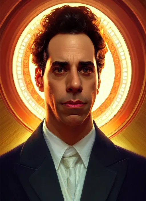 Image similar to symmetry!! portrait of seinfeld, glowing lights!! intricate, elegant, highly detailed, digital painting, artstation, concept art, smooth, sharp focus, illustration, art by artgerm and greg rutkowski and alphonse mucha