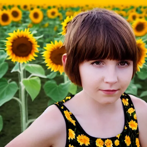 Prompt: portrait of a girl with pixie cut hairstyle in a field of sunflowers, sunny day, HD