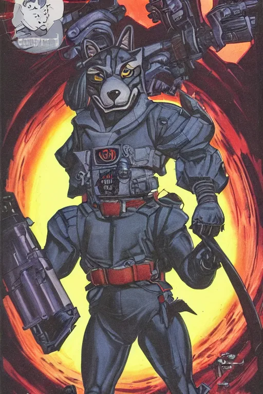 Prompt: 1 9 8 0 s comic book title cover scan, highly detailed professional comic art, featuring a portrait of anthropomorphic dark grey wolf o'donnell from starfox fursona furry wolf, in a dark space mercenary outfit, 8 0 s sci - fi comic art