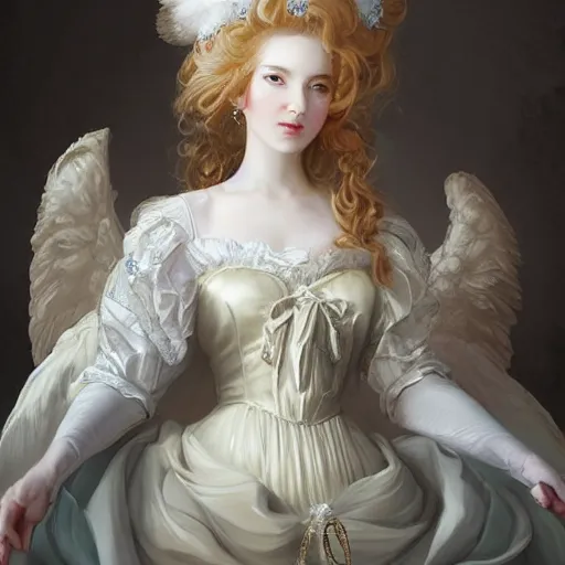 Image similar to A masterpiece portrait of a royal princess baroque rococo girl with tall white amazing victorian wig with angel wings. trending on artstation, digital art, by Stanley Artgerm Lau, WLOP, Rossdraws, James Jean, Andrei Riabovitchev, Marc Simonetti, Yoshitaka Amano