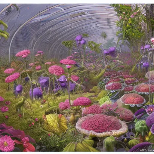 Prompt: a greenhouse of alien flowers, by alex horley, super detailed, trending on artstation