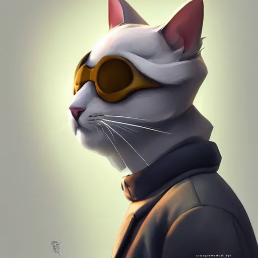 Image similar to Portrait painting an anthropomorphic gray cat wearing a jacket and a collar, as an Overwatch character, medium shot, asymmetrical, profile picture, Organic Painting, sunny day, Matte Painting, bold shapes, hard edges, street art, trending on artstation, by Huang Guangjian and Gil Elvgren and Sachin Teng