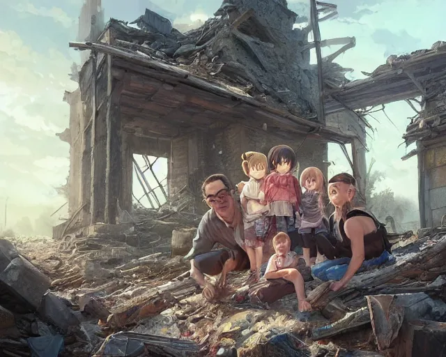 Image similar to a family photo in a wooden frame laying on rubble, ruins, post-apocalyptic, end of the world. By Makoto Shinkai, Stanley Artgerm Lau, WLOP, Rossdraws, James Jean, Andrei Riabovitchev, Marc Simonetti, krenz cushart, Sakimichan, trending on ArtStation, digital art.