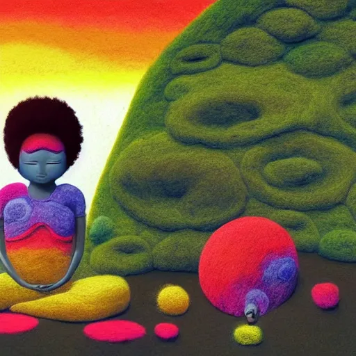 Prompt: a black girl with a colorful afro and big colorful eyes meditating in an african zen garden at sunset, bright colours, bokeh!!, watercolor, volumetric wool felting, macro photography, children illustration, by goro fujita