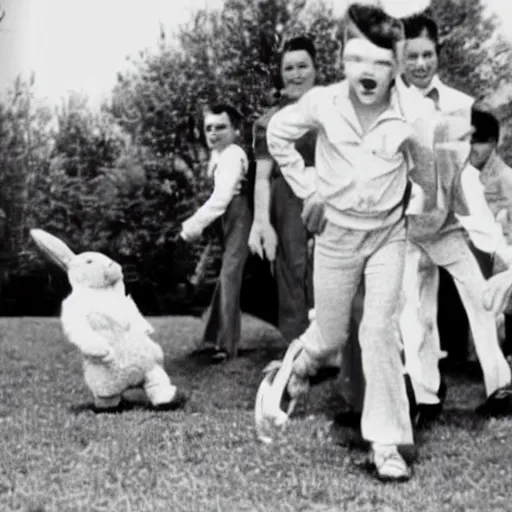 Image similar to historical footage of elvis on an easter egg hunt on easter sunday, 1 9 3 0 s, photorealistic, photo