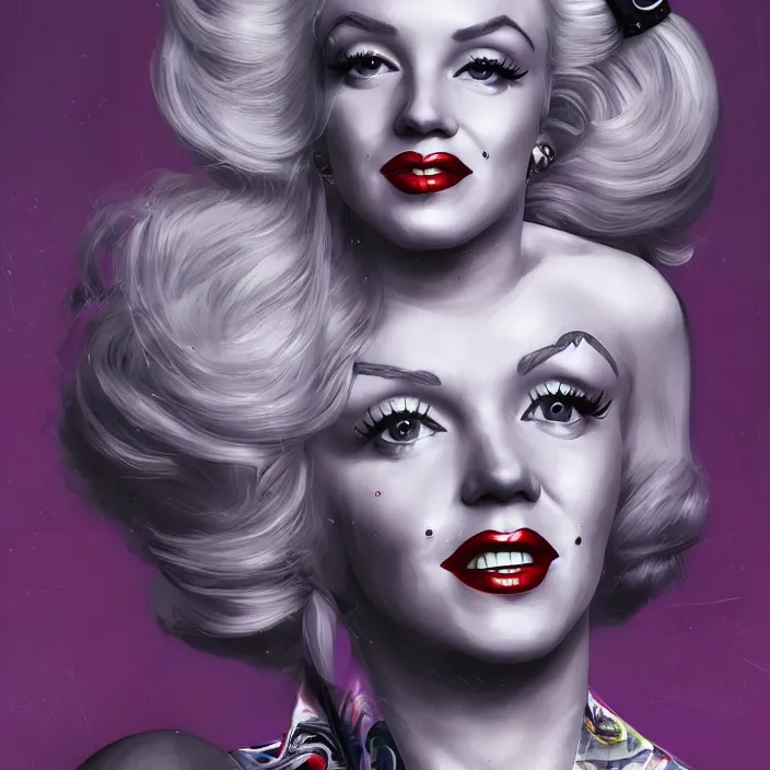 Image similar to portrait of Marilyn Monroe as a harley quinn. intricate abstract. intricate artwork. by Tooth Wu, wlop, beeple, dan mumford. octane render, trending on artstation, greg rutkowski very coherent symmetrical artwork. cinematic, hyper realism, high detail, octane render, 8k, iridescent accents