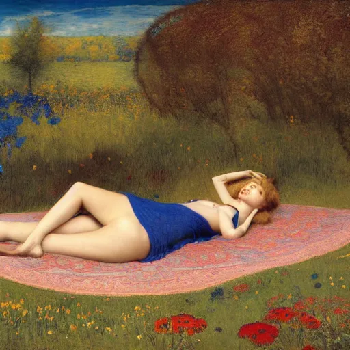 Image similar to masterpiece full body portrait of a beautiful woman with a perfect body lying on an ornate gold and blue carpet in a meadow, by Edgar Maxence and Ross Tran and Michael Whelan and Gustav Klimpt