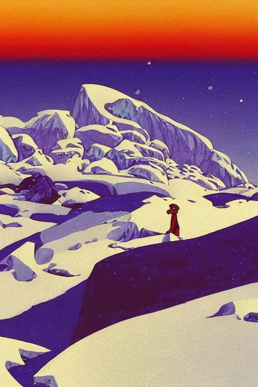 Image similar to a closeup painting of a mysterious unidentified object dreaming psychedelic hallucinations in the vast icy landscape of Antarctica, by kawase hasui, moebius and Edward Hopper, colorful flat surreal design, hd, 8k, artstation