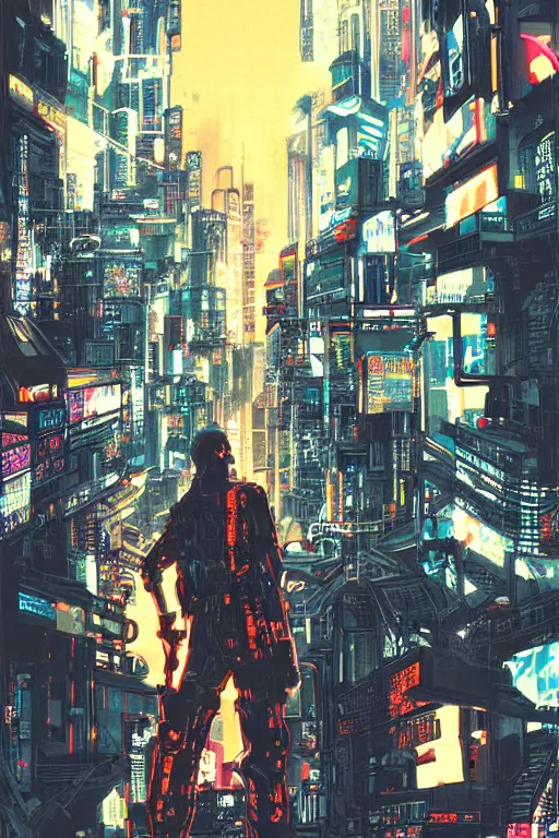 Image similar to cyberpunk illustration by shigenori soejima, street gang, concept art, intricate cyberpunk city, orange overlooking city