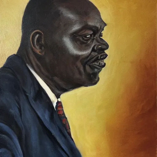 Prompt: a painting of a fatherly, aquiline nose, wide forehead, round face, XXL , loving, caring, generous, ever-present, humble, wise elder from Kenya with a friendly expression in a suit by Lynette Yiadom-Boakye . Fatherly/daddy, focused, loving, leader, relaxed,. ethereal lights, details, smooth, sharp focus, illustration, realistic, cinematic, artstation, award winning, rgb , unreal engine, octane render, cinematic light, macro, depth of field, blur, red light and clouds from the back, highly detailed epic cinematic concept art CG render made in Maya, Blender and Photoshop, octane render, excellent composition, dynamic dramatic cinematic lighting, aesthetic, very inspirational, arthouse.