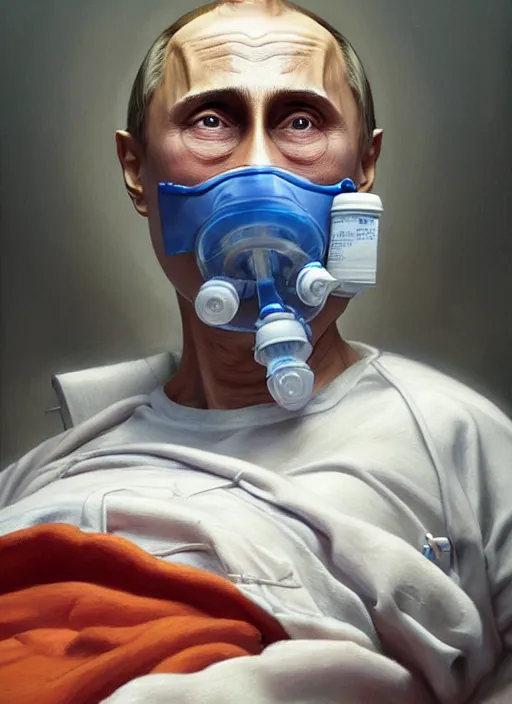 Image similar to a super very hyperrealistic oil painting of ill Vladimir Putin as a patient wearing an oxygen mask on a death bed inhaling from Copium tank that stand near his bed, visible face, by Laurie Greasley, Lawrence Alma-Tadema, Dan Mumford, artstation, deviantart, FAN ART, full of color, Digital painting, face enhance, highly detailed, 8K, octane, golden ratio, cinematic lighting