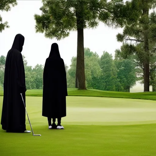 Prompt: the grim reaper standing stoic in black robe, waiting patiently, on a golf course while people play golf, perfect composition, by edmond leighton, simon stalenhag