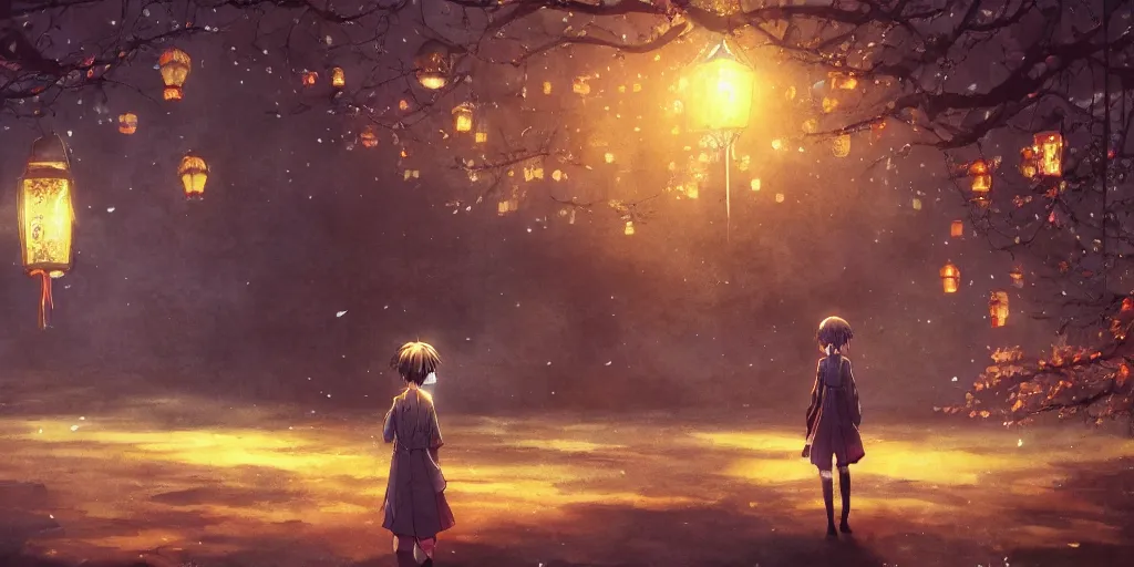 Image similar to anime, incredible wide screenshot, ultrawide, watercolor, paper texture, intricate, very detailed, ghost in the shell movie scene, girl in a dress walking the beautiful forest town, lanterns, wood bridges, night outdoors, fireflies, fog, dust