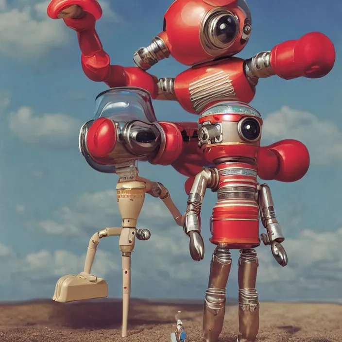Image similar to portrait of a retro 1 9 5 0 s tin toy robot spacegirl wearing a bikini, depth of field, zeiss lens, detailed, symmetrical, centered, fashion photoshoot, by nicoletta ceccoli, mark ryden, lostfish, breathtaking, 8 k resolution, extremely detailed, beautiful, establishing shot, artistic, hyperrealistic, octane render