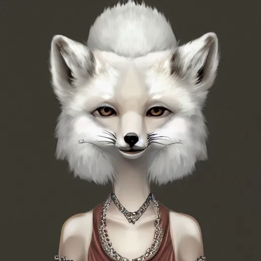 Image similar to Regal character design of a feminine anthropomorphic arctic fox wearing a white dress and necklace, character art, whimsical, concept art, pretty princess, wlop, artstation, highly detailed digital art